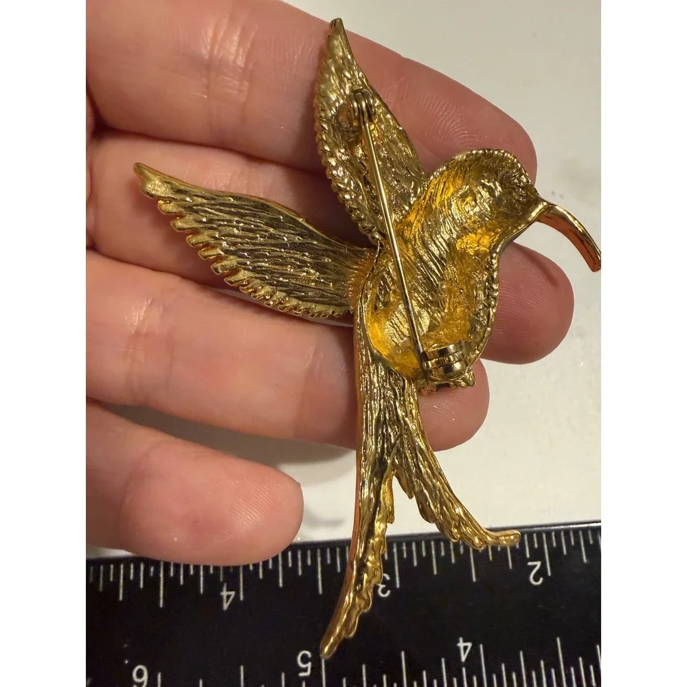 Vintage Hummingbird‎ Brooch Gold Tone Green Blue Enamel Bird Pin Rhinestone Eye